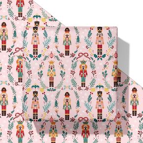 SaringSwoon Pink Nutcracker Christmas Wrapping Paper - Xmas Gift Wrap with Holiday Soldiers and Wreaths, Snowflakes, and Winter Foliage Design for Kids Adults - 40×28 Inches, 4 Folded Sheets