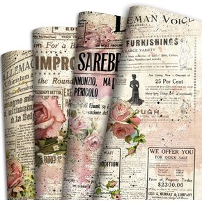 Vnaaem Retro Newspaper Wrapping paper for Women - 8pcs vintage wrapping paper with Newspaper Print - Rose Flower Gift Wrap for Wedding Birthday Baby Shower Other Craf Gift Packing(19.6 X27.8Inch)