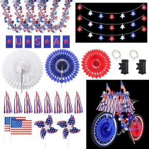 17pcs 4th of July Bike Decorations Patriotic Bicycle Decor Set Bike Wheel Lights LED Star String Light Tinsel Garland Streamer USA Flags Banner Independence Day Kids Bike Parade Red White Blue