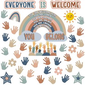 4E's Novelty 46 Pcs "Everyone is Welcome" Boho Classroom Bulletin Board Sets, With 30 Hands - Boho Welcome Bulletin Board Set, Motivational Boards Decorations with Rainbow & Hands Cutouts Decor for School