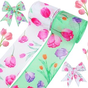 2 Rolls 10 Yards Tulips Wired Edge Ribbon, 2.5 Inch Pink Floral Pattern Fabric Ribbon Spring Flower Decorative Craft Ribbon for Mother's Day Gift Wrapping Bow Wreath Making Party Decor