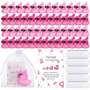 Liliful 150 Pcs Breast Cancer Awareness Gifts Set Includes 50 Pcs Pink Ribbon Rubber Ducks 50 Pcs Duck Supportive Cards 50 Pcs White Organza Bags for Breast Cancer Awareness Event Party Decorations