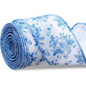Floral Blue Wired Edge Ribbon Vintage Blue Flower Fabric Craft Ribbon Chinoiserie Fabric Decoration for DIY Crafts Wreath Wrapping Party Supplies Favors Bow Making, 10 Yards