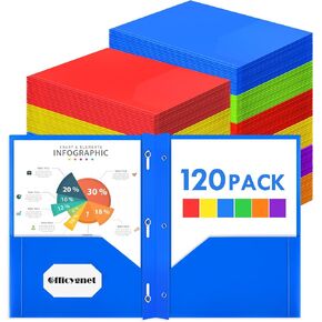 Officygnet 120 Packs Plastic Folders with Pockets and Prongs Fastener, Bulk Multicolor 2 Pocket Folders, Heavy Duty File Folders for Office School Supplies, Two Pocket Folders for Letter Size Sheets