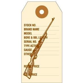 50 Gun and Rifle ID Tags. Preprinted in Brown Ink on Manila Stock, with Reinforced Eyelet. Each Tag is Pre-Strung. Tag Size: 3 3/4" x 1 7/8".