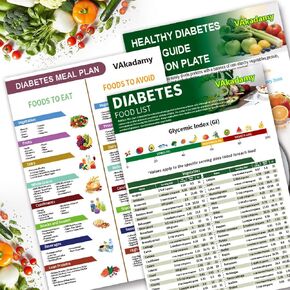 3Pcs Diabetes Food List Meal Plan Meal Guide Portion Plate Printable Diabetic Food Chart Brochure Vitamin Low Carb, Meal Planner for Diabetics Type 1and 2 Healthy Diabetic Diet Meal Guide Plan Recipes Cookbook For Beginners Pre-Diabetes w/Serving Size Gly
