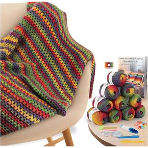 Aeelike Crochet Blanket Kit for Beginners, Vintage Rainbow Blanket, Complete Starter Crochet Kit w Enough & Warm Ombre Wool Yarn, Videos Tutorials, Easy Knitting Kits for Adults