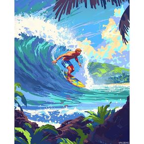 VNUIEHG Surfing Enthusiasts Paint by Numbers Kits for Adults on Canvas Beautiful Island DIY Craft Painting by Number Kits Acrylic Artwork Coastal Picture Home Wall Room Decor 16x20 inch No Frame