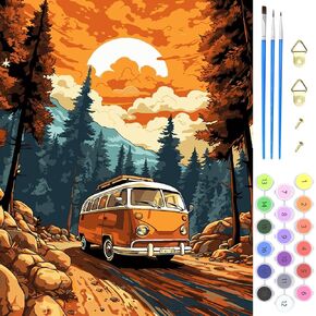 MOGTAA Bus Paint by Numbers for Adults, Sunset Landscape Paint by Numbers for Kids Beginner, DIY Paint by Numbers on Canvas Mountain Oil Painting Picture for Home Decor 16 x 20 Inch