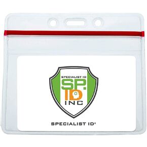 5 Pack - Heavy Duty Badge Holder Horizontal with Resealable Zip Top - Clear Plastic Waterproof i’d Card Protector - Top Load Pouch w/Lock Zipper Closure for Office, Travel, & Nurses by Specialist ID