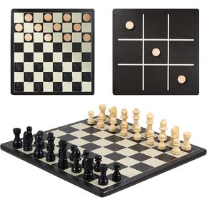 3 in 1 Chess, Checkers and Tic-Tac-Toe Set – Wooden Chess Set, Double-Sided 11'' Game Board with Extra Queens – Fun Family Chess Board for Adults and Kids – Ideal for All Ages