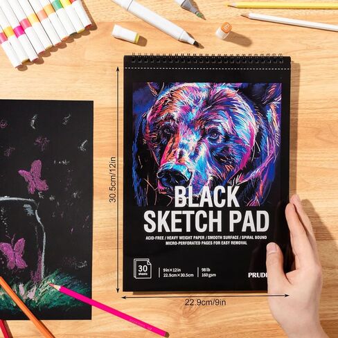 30 Sheets Black Paper Sketchbook, 98lb/160gsm Heavyweight Black Sketch Pad 9×12in, Acid-Free Drawing Paper, Spiral Bound Sketch Book for Kids, Teens, Artist in Kuwait
