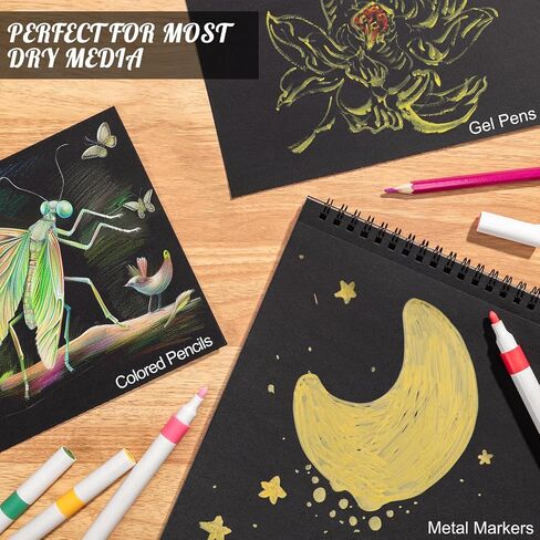 30 Sheets Black Paper Sketchbook, 98lb/160gsm Heavyweight Black Sketch Pad 9×12in, Acid-Free Drawing Paper, Spiral Bound Sketch Book for Kids, Teens, Artist in Kuwait