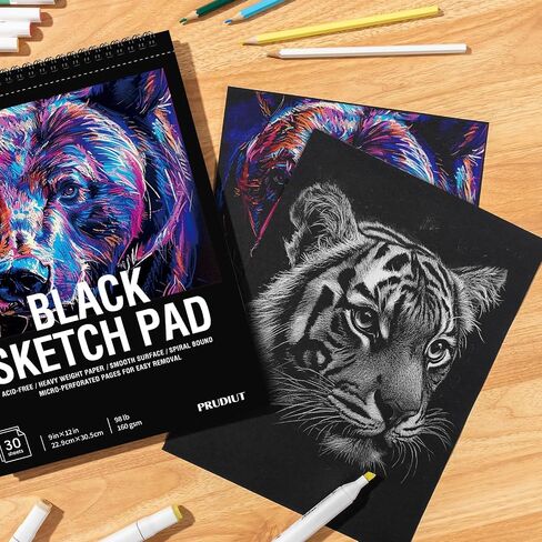 30 Sheets Black Paper Sketchbook, 98lb/160gsm Heavyweight Black Sketch Pad 9×12in, Acid-Free Drawing Paper, Spiral Bound Sketch Book for Kids, Teens, Artist in Kuwait