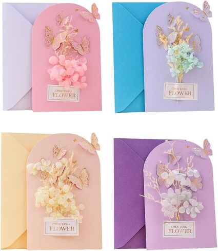 4 Thank You Cards with Envelopes, 4.3 "x6.7, Handmade Real Flower Greeting Cards, Suitable for Various Occasions, with Interesting Stickers. in Saudi Arabia