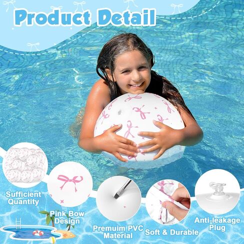 12 PCS 16 '' Pink Bow Beach Ball Ball Ball قابلة للنفخ الكرة الوردي والأبيض أسفل السباحة ألعاب حمام السباحة ل Coquette Summer Hawaiian Girl Girl Form in Kuwait