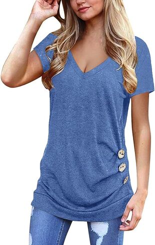 Womens Summer Tops Loose Fit V Neck Casual Shirts Lake Green XL in Kuwait