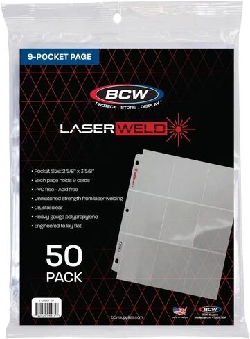 BCW LaserWeld 9 Pocket Pages | Premium Ultra Flat and Clear Pocket Pages for Cards - 500 Page Pack | Trading Card Binder Sleeves for Pokemom, MTG, Yugioh, Baseball, Basketball, and More in Saudi Arabia