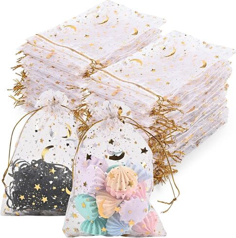 FUSHENMU 100pcs 4x6 Inch White Organza Jewelry Gift Bag,Moon Star Drawstring Candy Bag Pouch for Wedding Baby Shower Party Gift Wrapping Supply in Saudi Arabia