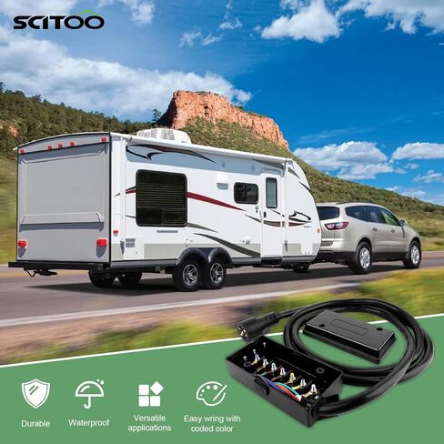 SCITOO 9 Feet 7 Way Plug Inline Trailer Cord with 7 Gang Junction Box, Auto 7 Pin Trailer Wiring Harness, 7 Way RV Style Trailer Plug Wiring for RV Trailers, Campers, Caravans, Trucks, ETL Listed in Saudi Arabia
