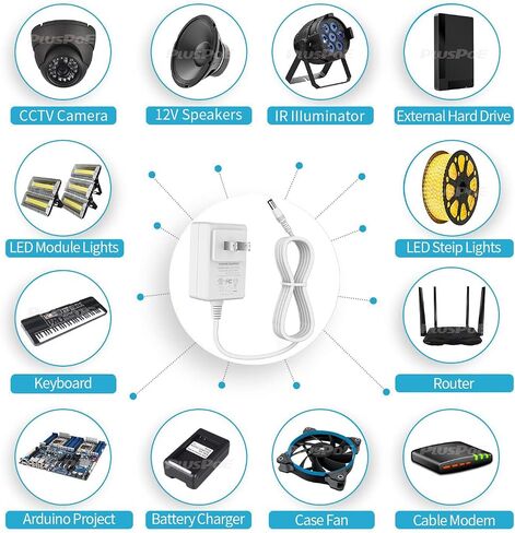 محول تيار متردد 12 فولت 1 أمبير مدرج في قائمة UL لأضواء شريط LED ولوحة المفاتيح وكاميرا CCTV وDVR وNVR وشاحن جهاز التوجيه، بحد أقصى 12 وات 1000 مللي أمبير 800 مللي أمبير، 500 مللي أمبير، سلك إمداد طاقة تحويل 400 مللي أمبير، عبوتان باللون الأبيض in Saudi Arabia