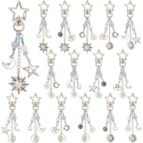 PH PandaHall 16pcs Sun Star Moon Keychain, Metal Star Keyring Tassel Charm Pendants Key Chain with Clasps for Wallet Purse Handbag Phone Car Home Keys Birthday Christmas Party Favor Supplies