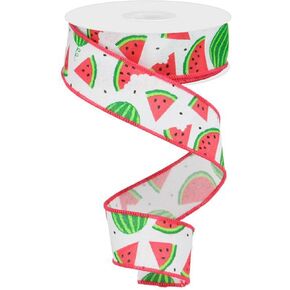 RG Ribbon 1.5" Watermelons and Slices Print, Wired Edges (White, Pink, Lime, Green, 1.5" Inch x 10 Yards) - for Summer Floral Arrangements, Crafts, and Decorations