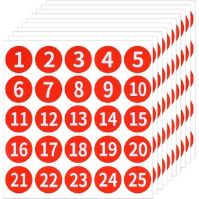 10 Sheet Number Stickers 1-25 Plastic Circle Numbered Vinyl Stickers Waterproof Labels Number Inventory Stickers Red Number Stickers for Inventory Classification