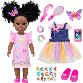 Ecore Fun 14.5 Inch Black Baby Doll, 12 Pcs Black Doll Clothes and Accessories, African Washable Realistic Silicone Girl Dolls Include Doll Clothes Shoes Phone Glasses Camera Hairpin Bracelet Stickers