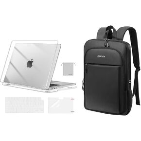 MOSISO Slim Laptop Computer Backpack&Compatible with MacBook Air 15 inch Case 2025 2024 2023 M3 A3114 M2 A2941, Plastic Hard Shell&Keyboard Cover&Screen Protector&Storage Bag, Crystal Clear&Black