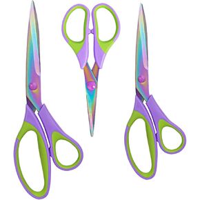 Craft Scissors 3 Pack All Purpose 5, 8, 10 inch Scissor Set with Sharp Blades, Comfort Grip, Ideal Scissors Set for Home, Office, Sewing, Fabric, Kitchen, Arts and DIY Supplies, Purple&Green