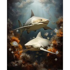 ZUVRDIAI Paint by Numbers Sharks for Adults, Acrylic Oil Painting by Numbers Kits for Beginner with Paintbrushes Brushes Art Crafts Canvas for Home Decor 16x20 Inch