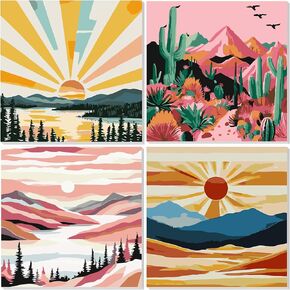 NAIMOER 4 Pack Sunset Paint by Numbers Kits for Adults Beginner with Wooden Framed, Color by Numbers on Canvas Painting Kits for Adults, Easy Paint DIY Acrylic for Home Wall Decor 8X8 Inch