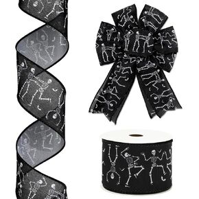 Halloween Wired Edge Ribbon Dancing Skeleton Ribbon Black White Fabric Ribbon for Holiday Wreath Bow Making DIY Crafts Gift Wrapping, 12 Yard