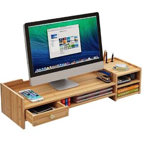 Monitor Riser Desk Organizer-Wood 2 Tier Laptop Stand With Drawers, Adjustable Desktop Storage Organizer For Computer, Printer, Cellphone-Use In Office,Home