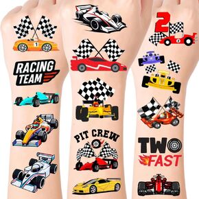 Race Car Temporary Tattoos for Kids | Birthday Party Favors Supplies Decorations | Cool Racing Car Two Fast Fake Tattoo Stickers for Boys Girls | Gift Bags Festival Carnival Prizes School Fun Event