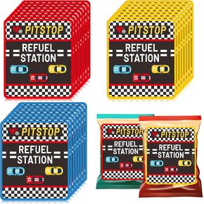Marspark 36 Pcs Large Size Racing Car Stickers for Chip Bag 3 Style Race Car Label Checkered Racecar Sticker Party Favors for Racing Birthday Snack Goodie Bags Gifts and Decorations, 4 x 3. 5 Inches