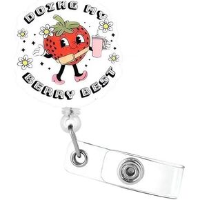 Strawberry Badge Reel Retractable ID Holder - 24-Inch Cord, Secure 360° Alligator Clip, Cute & Fun Design for Nurses, Teachers, and Office Workers – Lightweight, Colorful, Practical Gift