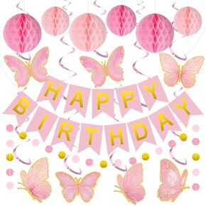 Butterfly Birthday Party Banner Pink Butterfly Hanging Decoration Set for Girls Include Hanging Swirl Streamers Honeycomb for Birthday Party Supplies