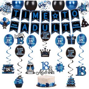 Crenics Blue 18th Birthday Decorations for Boys or Girls - Time to Adult Banner, Hanging Swirls, Balloons and Cake Topper for 18 Birthday Party Supplies