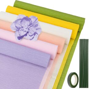 RAINFLOW 27 PCS Crepe Paper Flower Kit - 6 PCS Colored Crepe Paper Roll Premium Pastel Streamers Crepes Papers Sheets with Floral Tape Iron Wire for Flower Making DIY Crafts Birthday Party Christmas