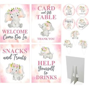 80 Pcs Pink Elephant Baby Shower Decorations Girl Party - 4 Table Centerpieces Welcome Sign, 36 Elephant Cupcake Toppers, 40 Thank You Stickers