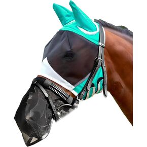 2 in 1 Set Detachable Horse Fly Mask with Nose Cover Fly Masks for Horses with Ears & Eyes Elastic for All Face UV Protection & Bugs Separation Breathable Fly Mask