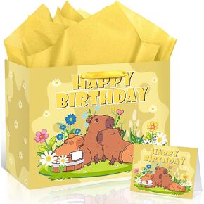TagreSpike Capybara Birthday Gift Bag with Tissue Paper and Greeting Card Cute Capybara Party Favors Bag Yellow Wrapping Paper Capybara Party Decoration for Kids Boys Girls Birthday Party Supplies