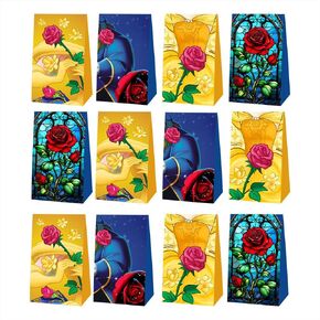 BOYKIM 12pcs Beast and Rose Princess Birthday Party Gift Bags Goodie Bags,Girl Princess Party Supplies for Kids Birthday Decorations