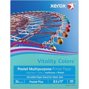 Xerox® Vitality Colors™ Pastel Plus Multipurpose Printer Paper, Letter Size, 24 Lb, 30% Recycled, Aqua, Ream Of 500 Sheets
