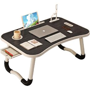 UNICOO Foldable Laptop Stand Lap Desk with USB Charge Port | Portable Laptop Stand for Desk, Bed & Couch | Lap Desk with Cup Holder & Tablet Slot, Side Drawer | Ideal for Home & Office (Ebony Black)