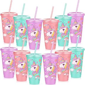 Uiifan 12 Pcs Unicorn Party Favors Goodie Cups 24 oz Plastic Reusable Unicorn Tumbler with Lid and Straw Rainbow Birthday Party Supplies Decorations for Girls Kids Boys