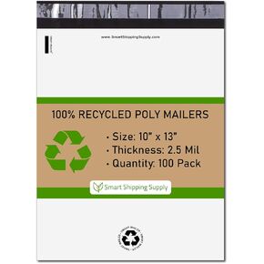 100 Count, 10x13 inch 100% Recycled Poly Mailers Eco Friendly Packaging Envelopes Supplies Mailing Bags 2.5 Mil Thick - SMART Mailer