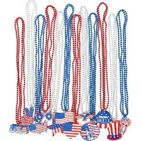 4th of July Necklace, 24PCS Fourth of July Beads, 12 Kinds Independence Day USA Fireworks Shape Red Blue Silver Bead Decor, Patriotic Beads Bulk for Parade Party Celebration
